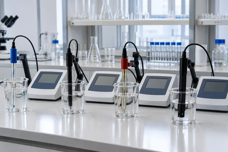 pHmetros e sensores eletroquímicos genéricos em béqueres sobre bancada de laboratório analítico.