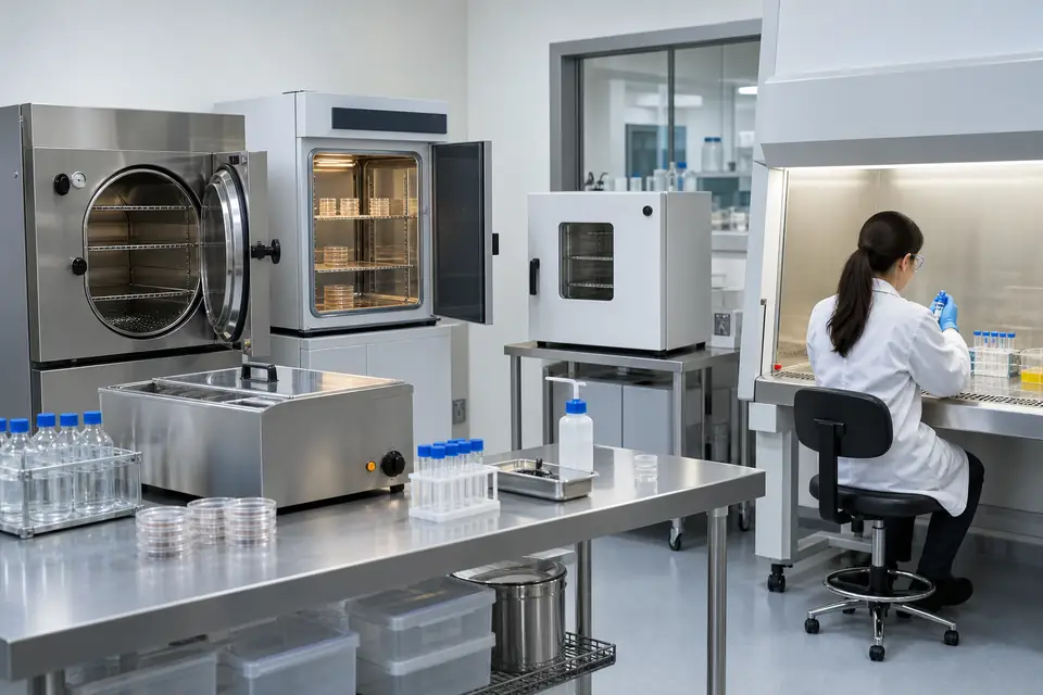 Laboratório limpo com equipamentos térmicos e de apoio, sem marcas ou identificação de terceiros.