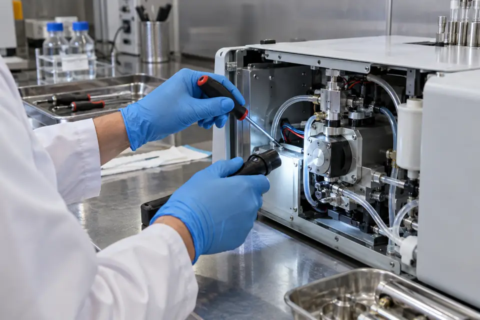 Mãos de técnico realizando manutenção em equipamento laboratorial genérico aberto sobre bancada limpa.