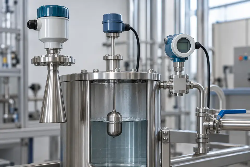 Instrumentos genéricos de medição de nível instalados em tanque demonstrativo de processo.