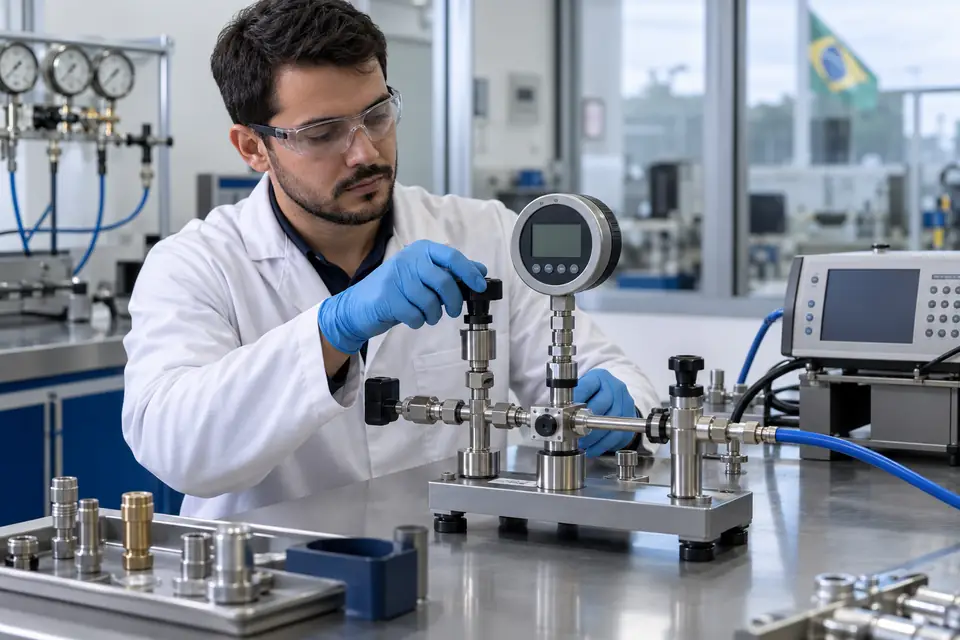 Técnico em laboratório trabalhando em montagem genérica de calibração de pressão com manômetro sem marca.