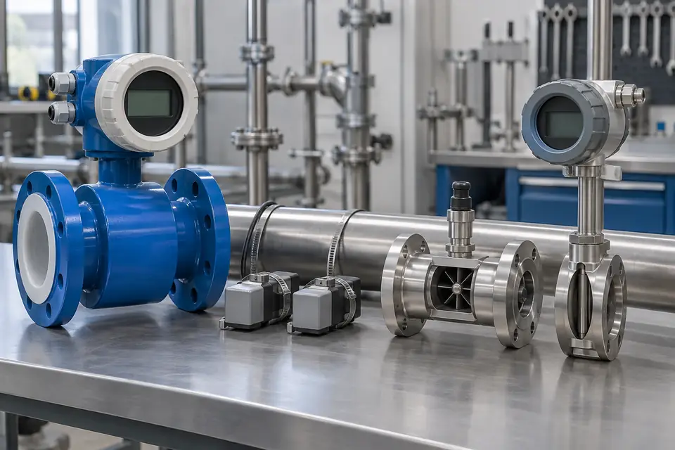 Bancada de instrumentação de processo com medidores de vazão e tubulação industrial genérica.