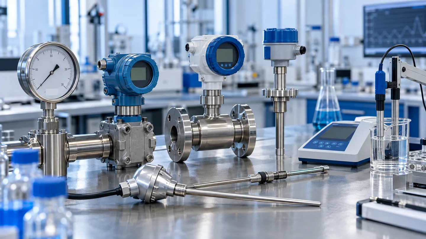 Composição de instrumentos industriais e laboratoriais genéricos sem marcas, incluindo sensores e medidores.