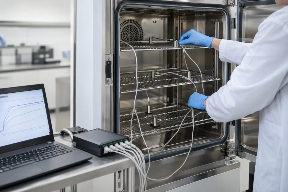 Equipamento térmico laboratorial instrumentado com sensores e data logger para atividade de qualificação.