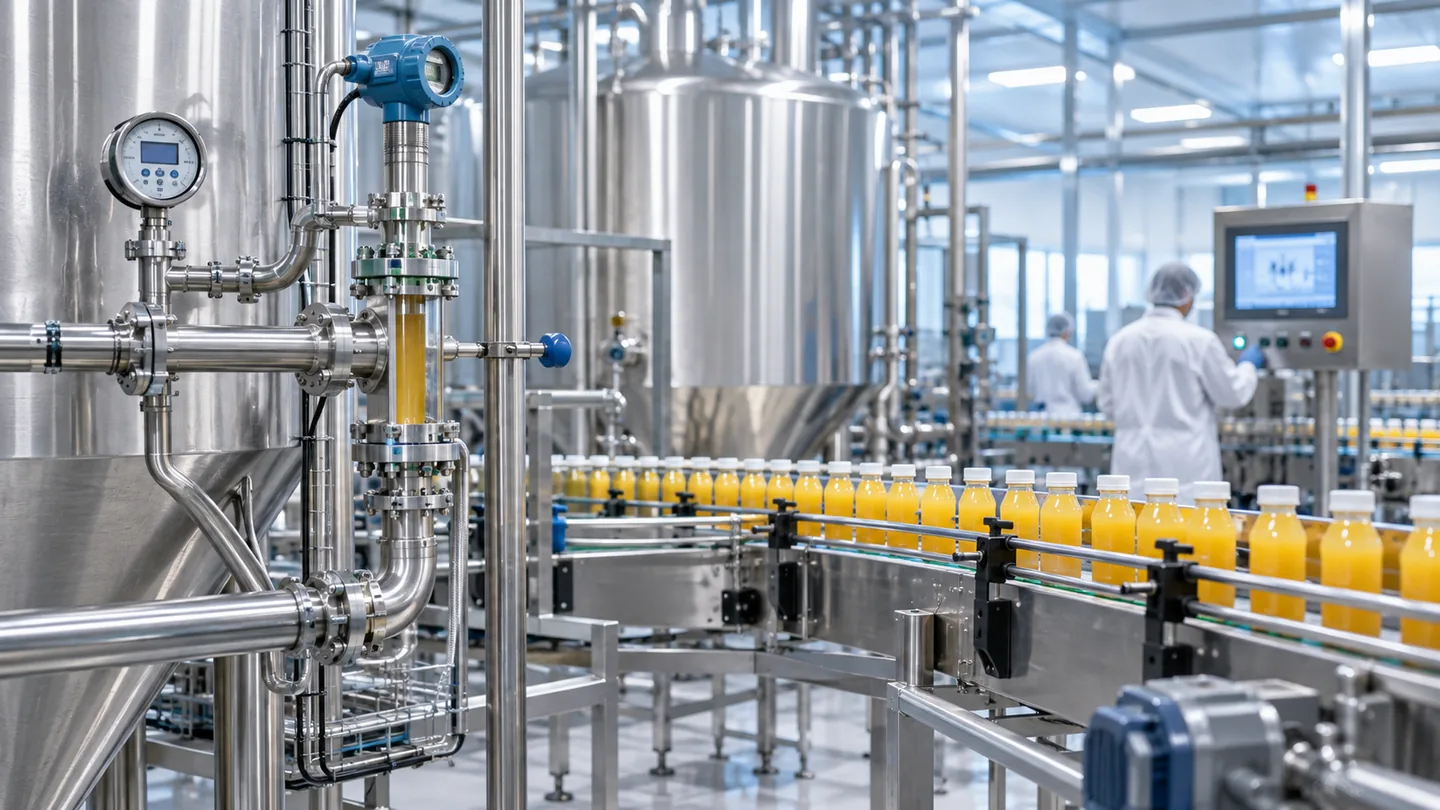 Linha industrial de alimentos e bebidas com tanques, tubulações, instrumentos de processo e envase sem rótulos comerciais.