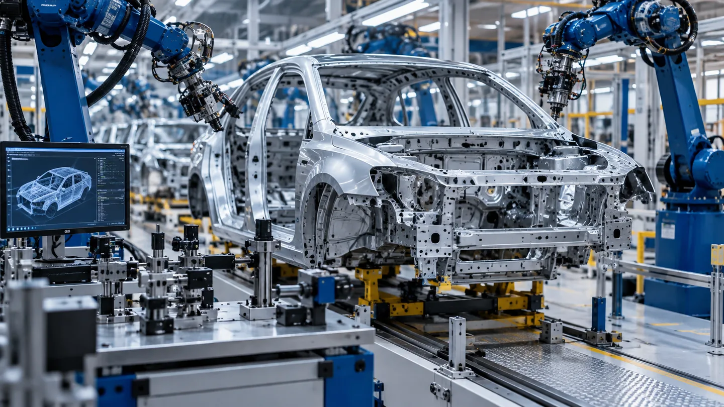 Área de produção automotiva com robôs industriais, carroceria sem marca e bancada de controle dimensional.