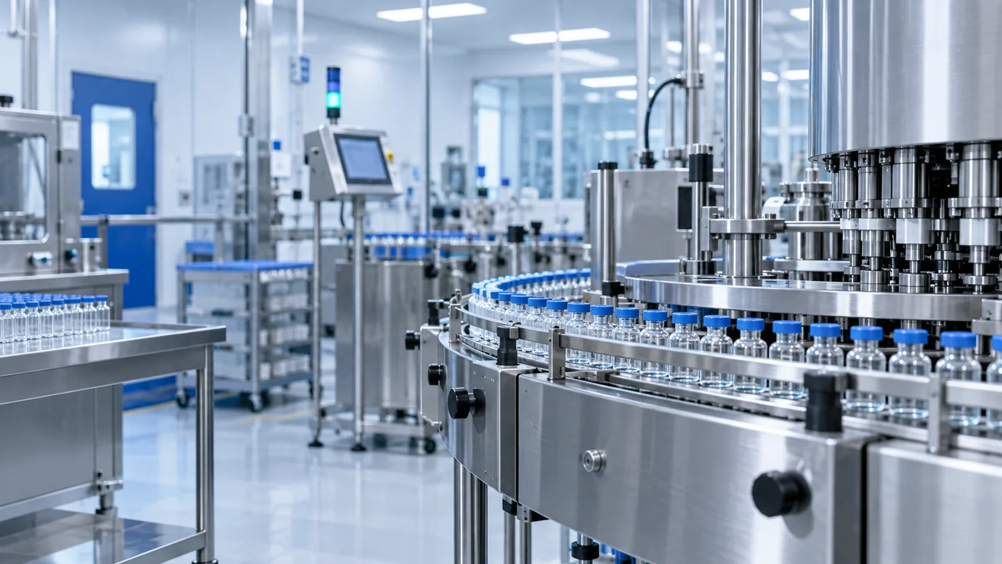 Linha produtiva farmacêutica em ambiente limpo com equipamentos em aço inox, instrumentos de processo e frascos sem marca.