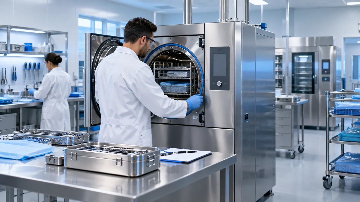 Área técnica hospitalar limpa com equipamento de esterilização, bancada e instrumentos sem identificação institucional.