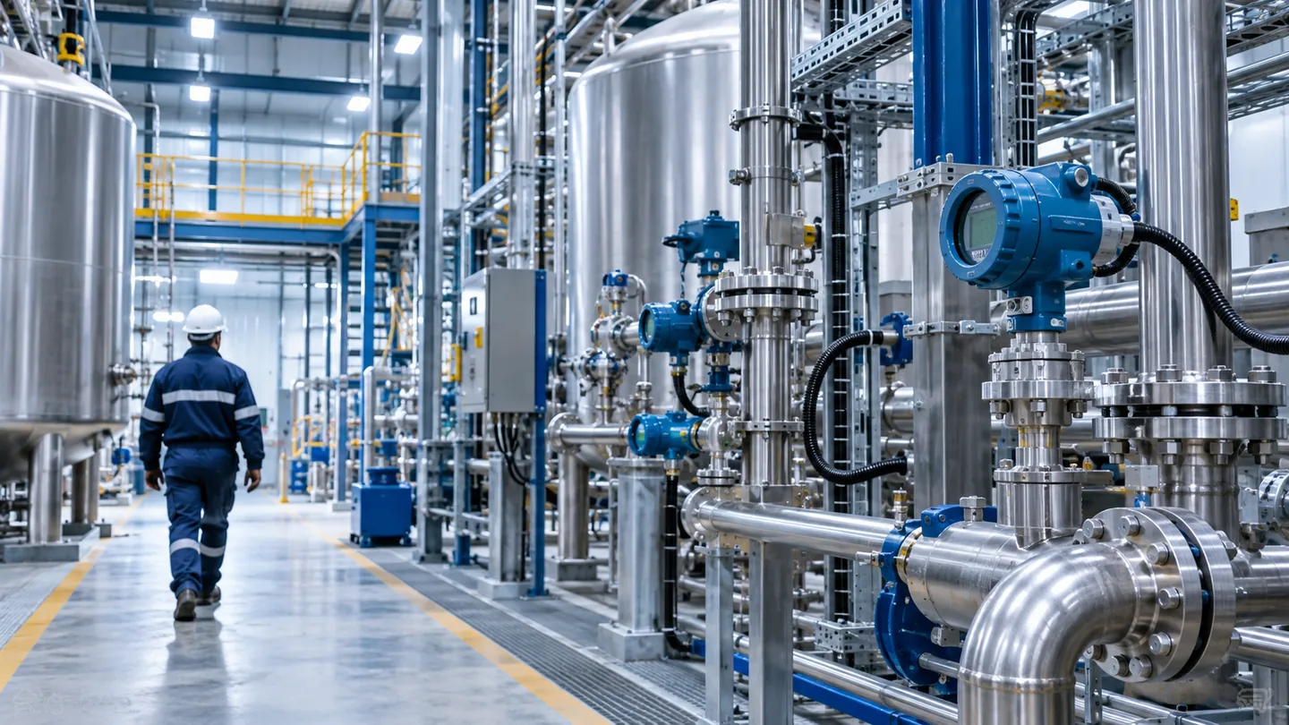 Planta industrial limpa com tubulações, tanques e transmissores de processo sem marca ou identificação de cliente.