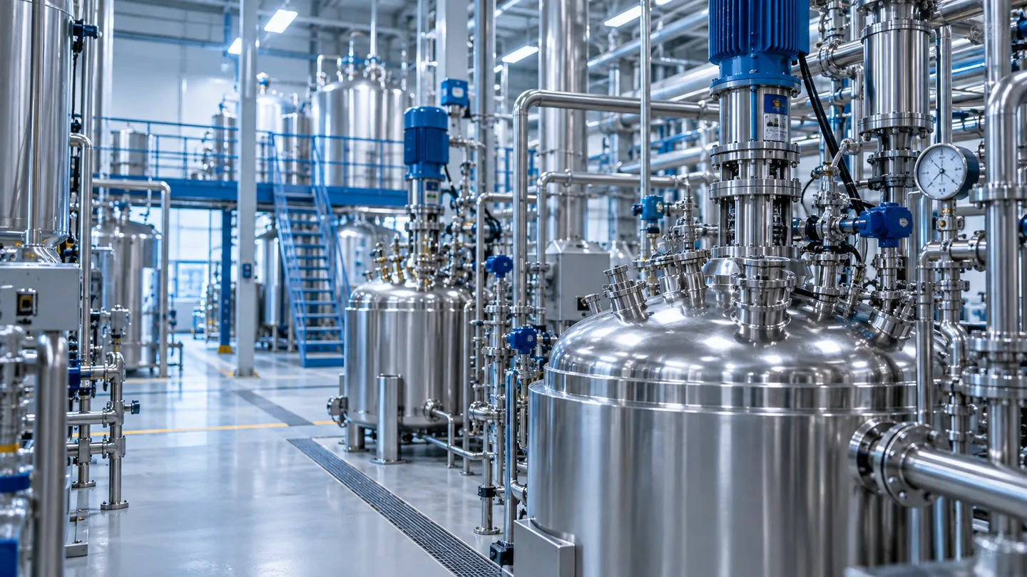 Área de processo químico limpa com reatores, tanques, tubulações e instrumentos industriais sem identificação de fabricante.